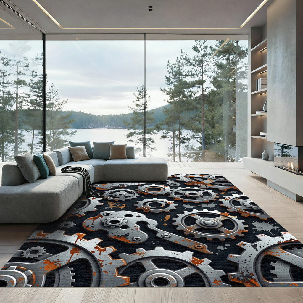 Industrial Gears Rust Metallic Mechanical Art Rug