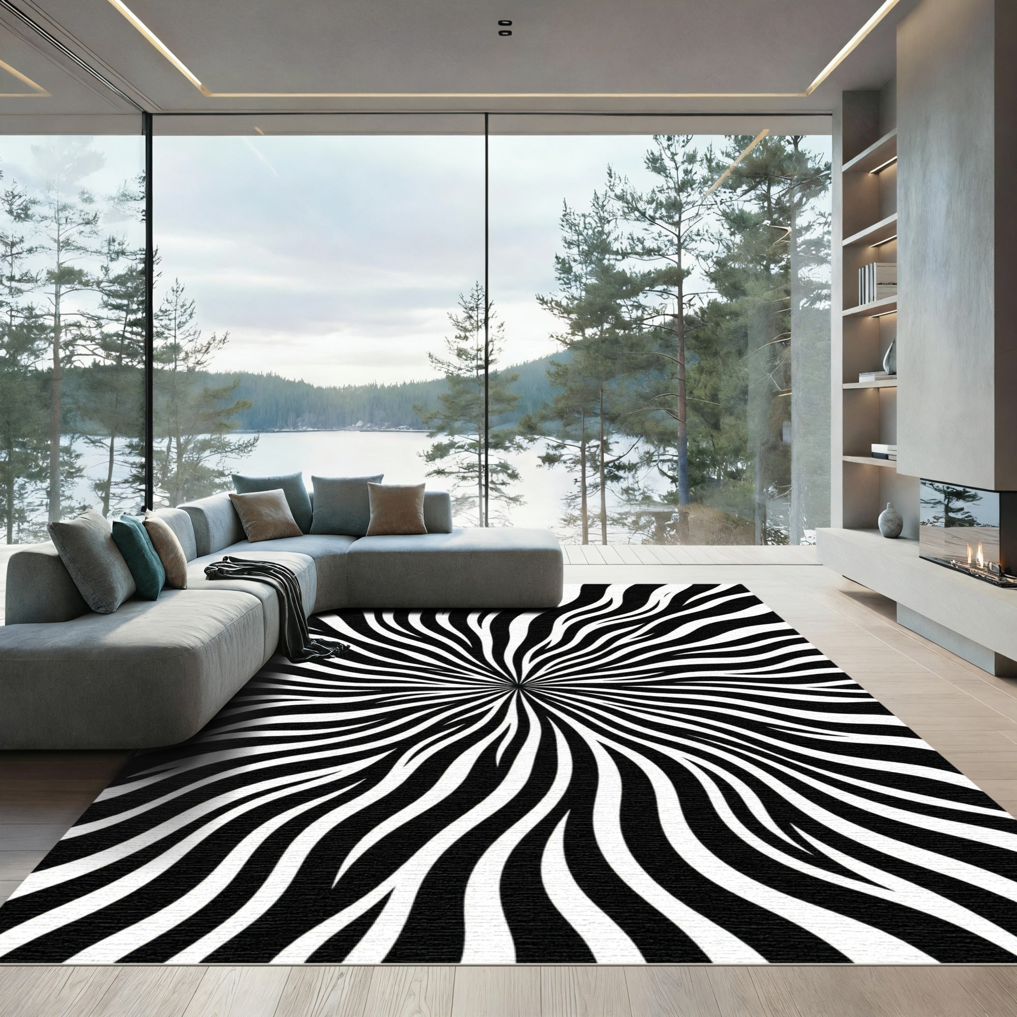 Bold Black and White Optical Wave Rug