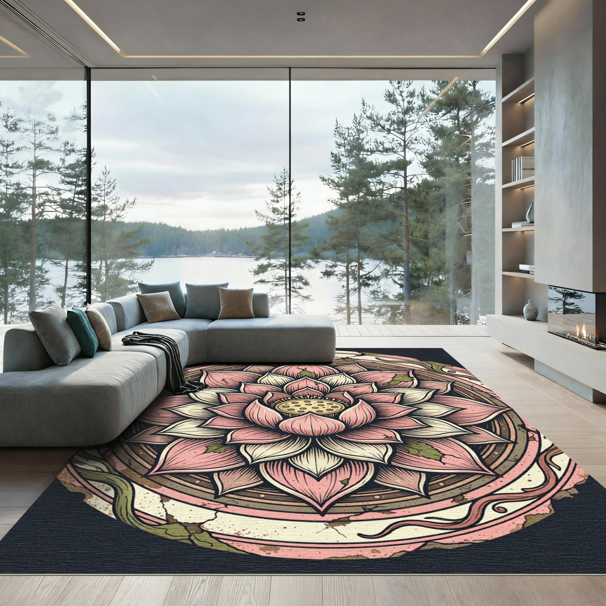 Distressed Pink Lotus Floral Mandala Rug