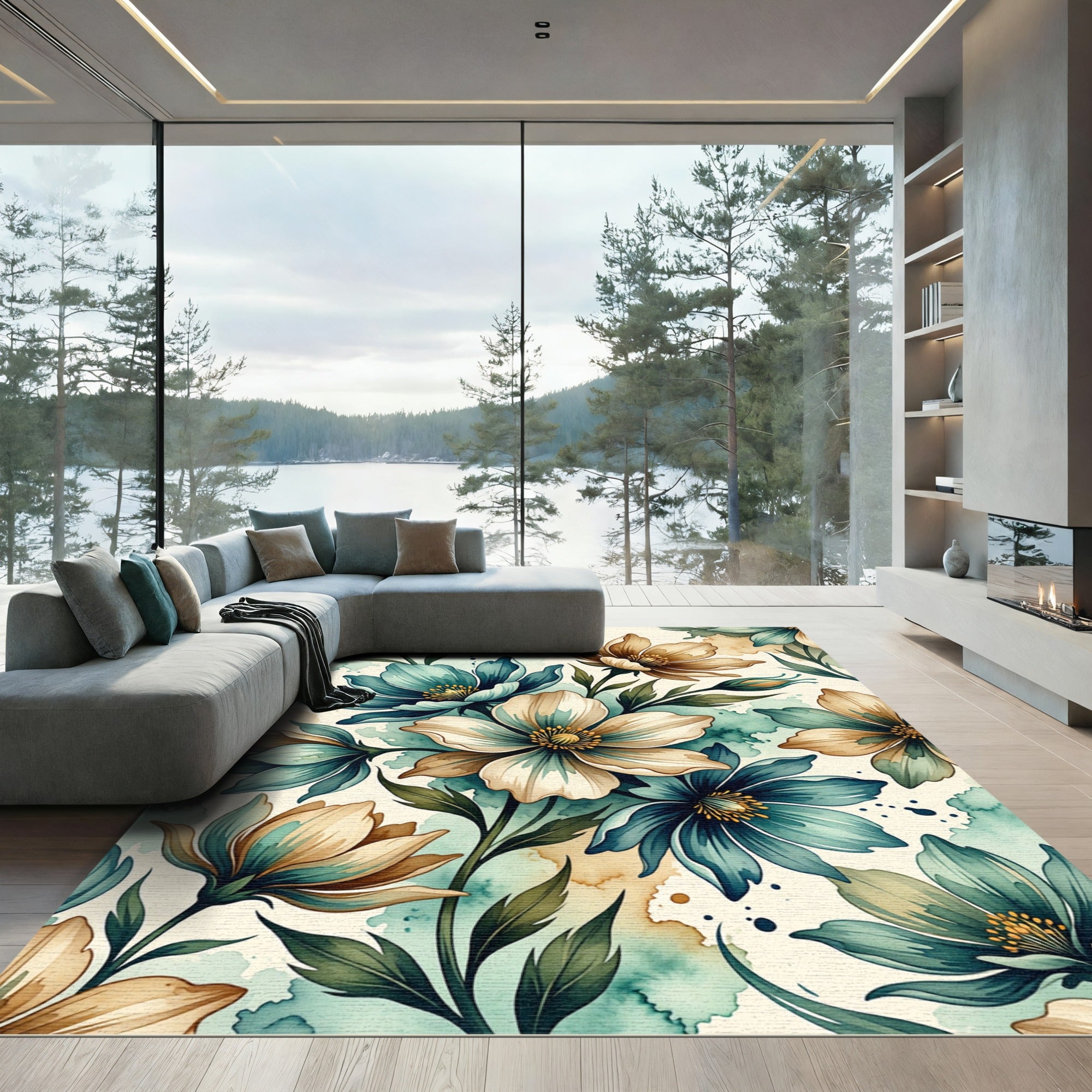 Watercolor Teal and Beige Floral Meadow Rug