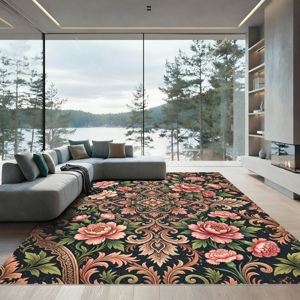 Dark Peony Floral Scrolling Medallion Rug