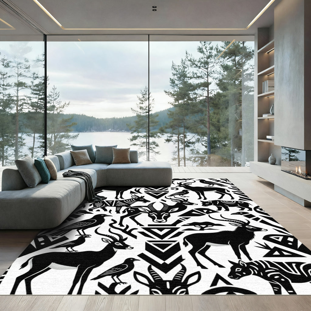 Black and White African Wildlife Art Rug