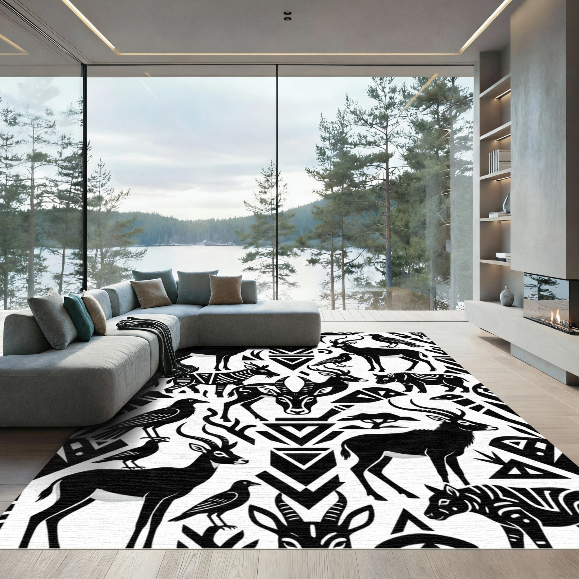 Black and White African Wildlife Art Rug