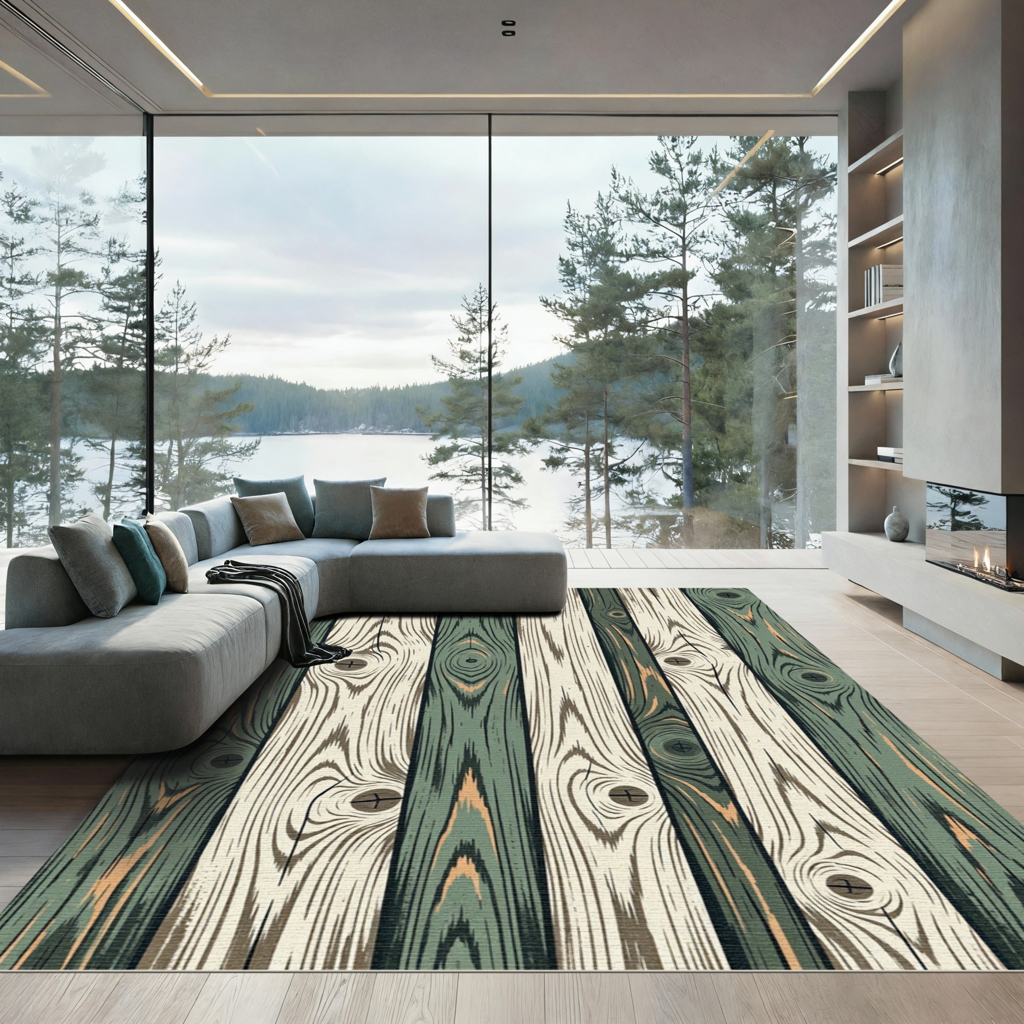 Rustic Sage and Cream Wood Grain Rug