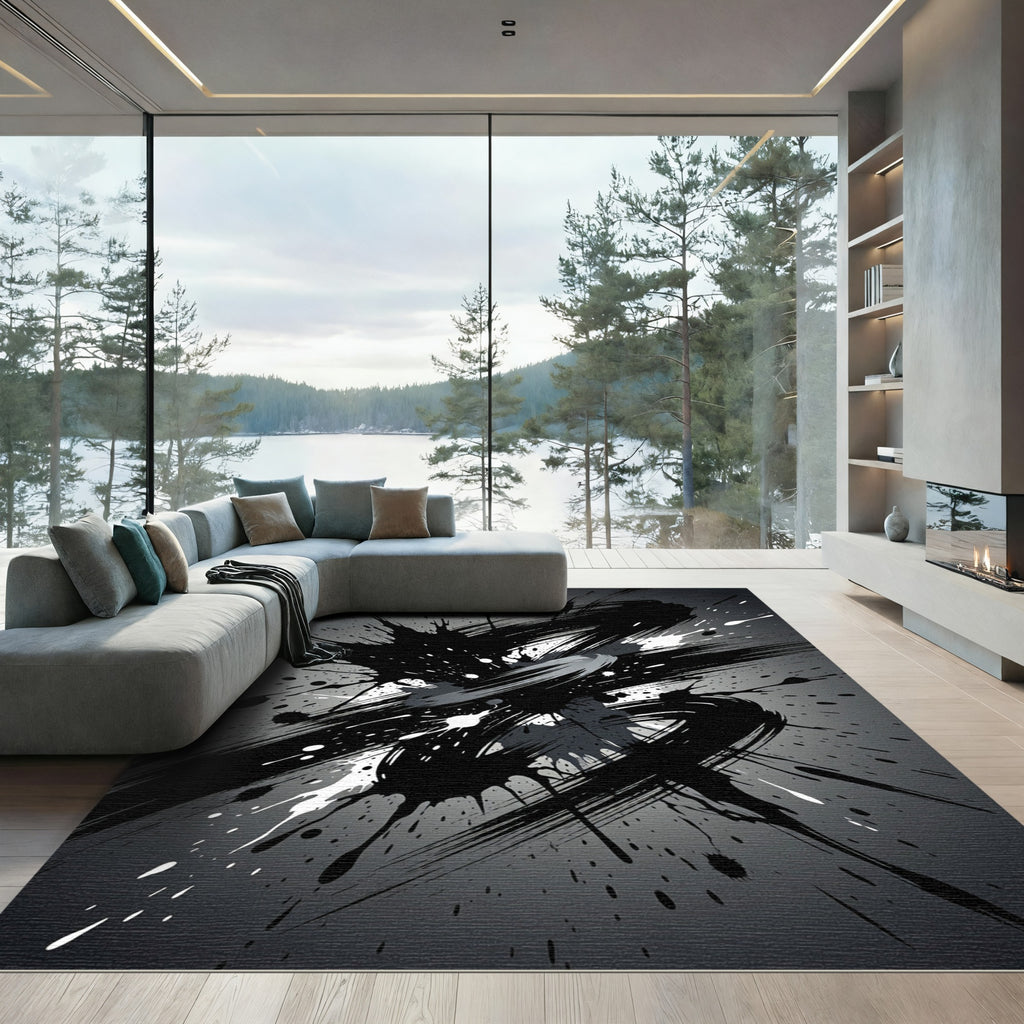 Monochrome Splatter Brush Stroke Rug