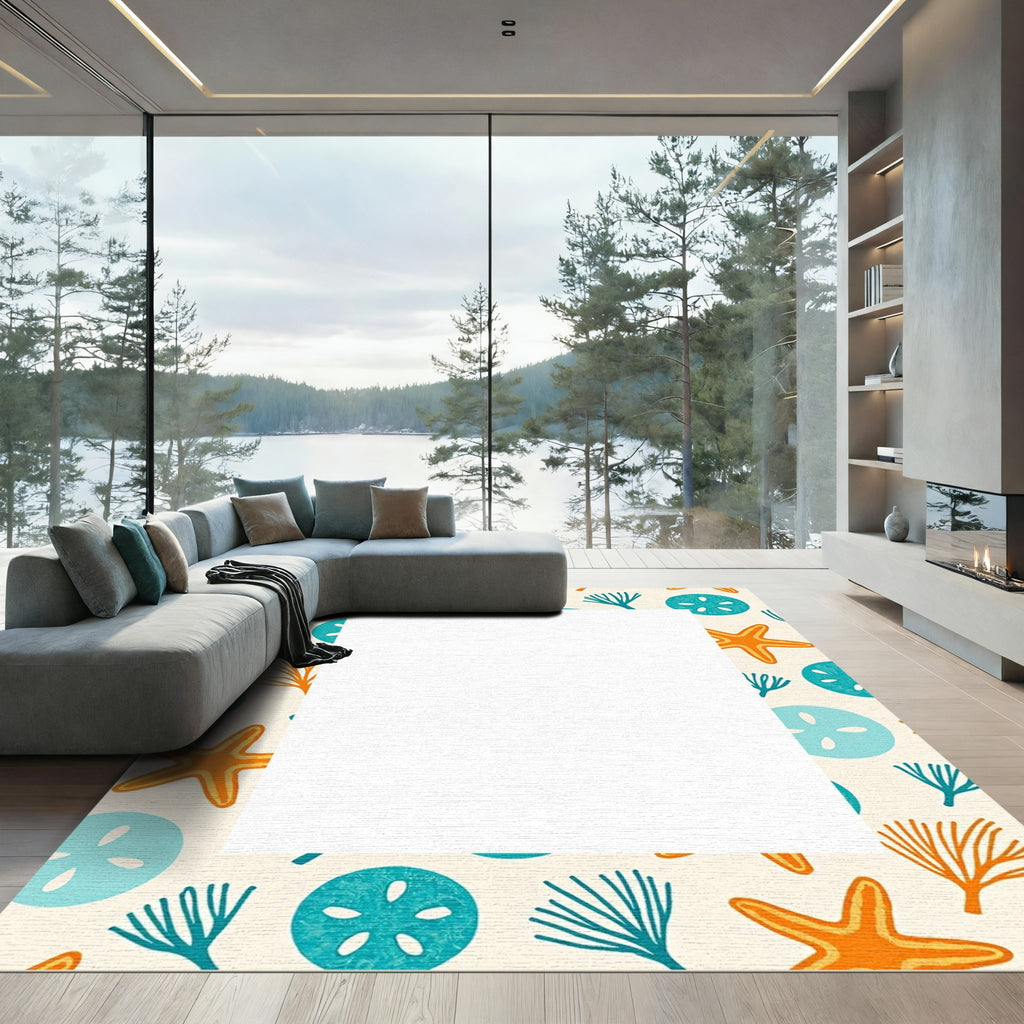 Coastal Orange Starfish Teal Sand Dollar Rug