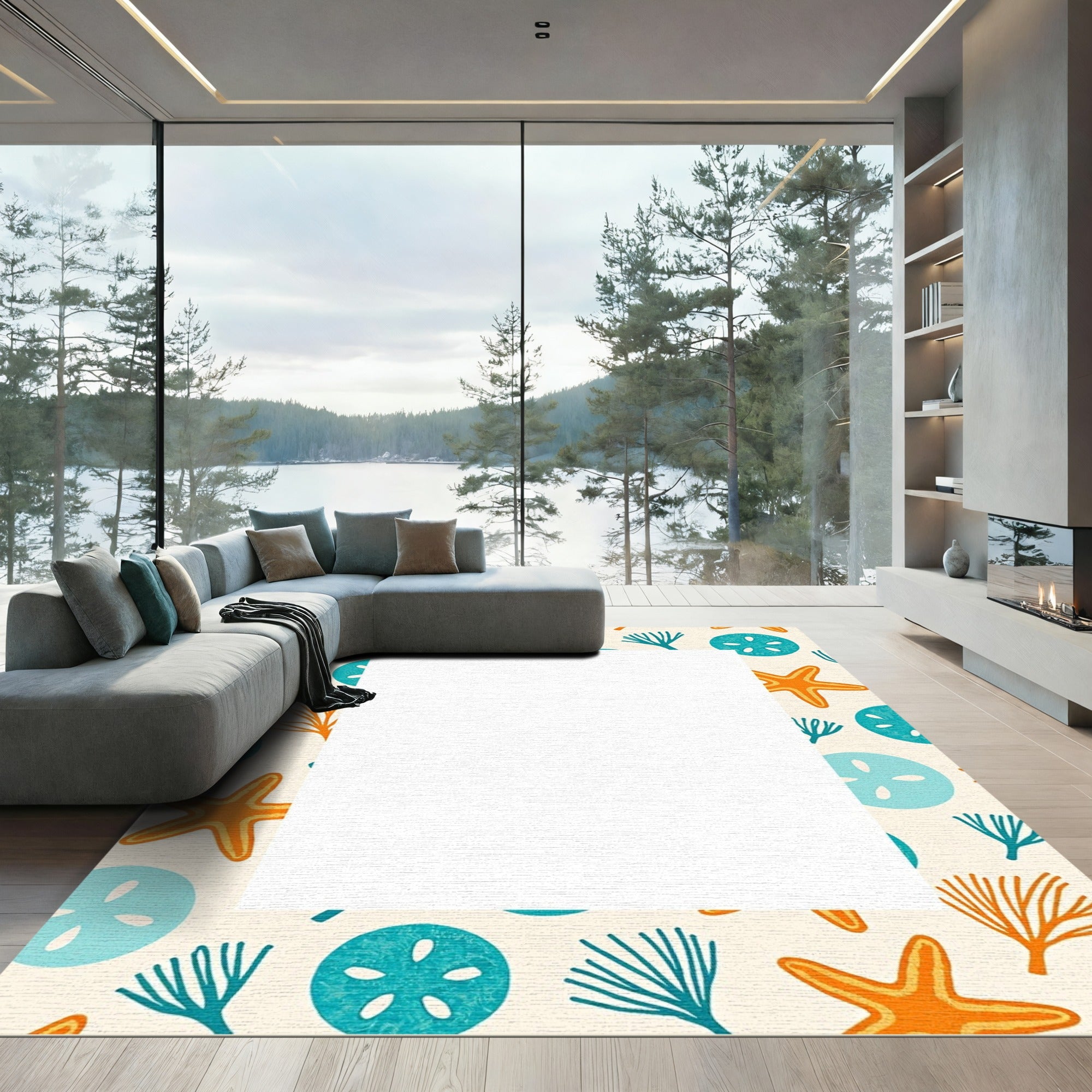 Coastal Orange Starfish Teal Sand Dollar Rug