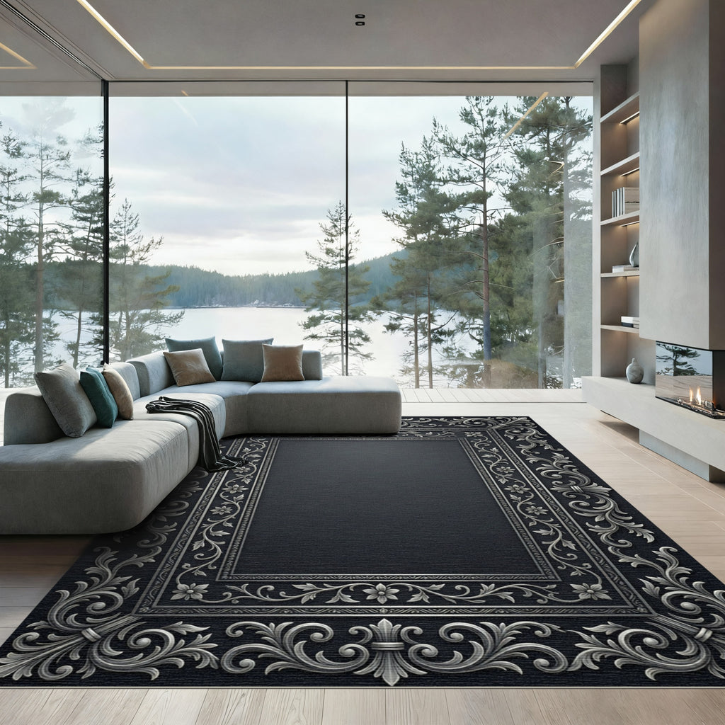 Ornate Silver Floral Scrollwork Border Rug