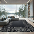 Ornate Silver Floral Scrollwork Border Rug