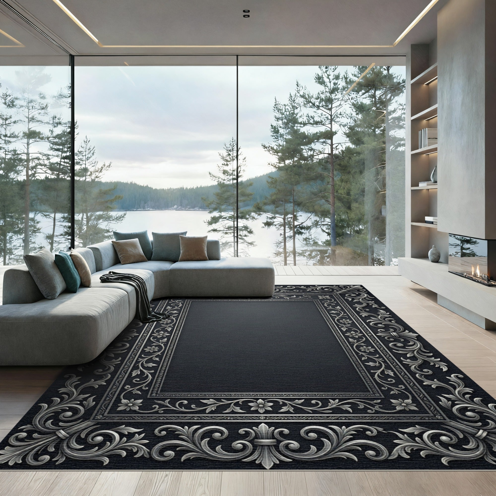 Ornate Silver Floral Scrollwork Border Rug