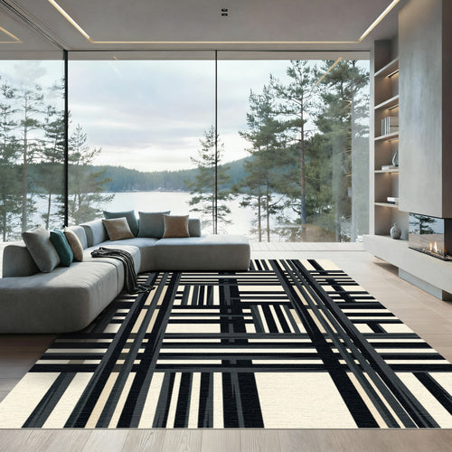 Abstract Black Cream Intersecting Lines Rug