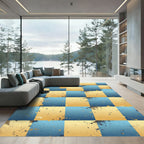 Modern Abstract Blue Gold Checkered Mosaic Rug