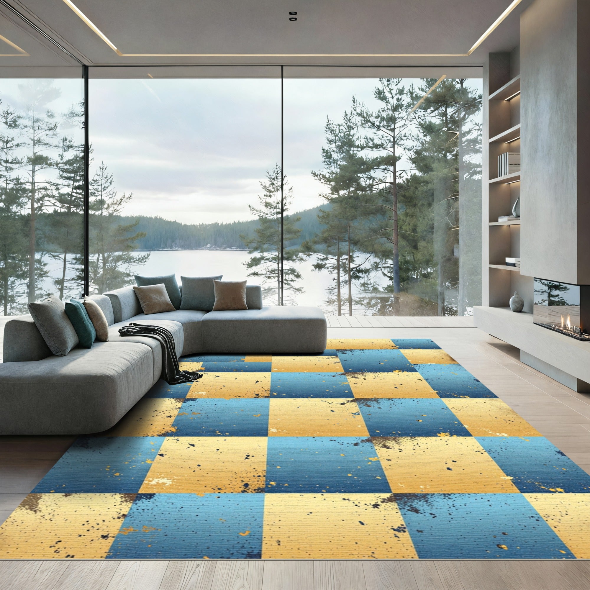 Modern Abstract Blue Gold Checkered Mosaic Rug