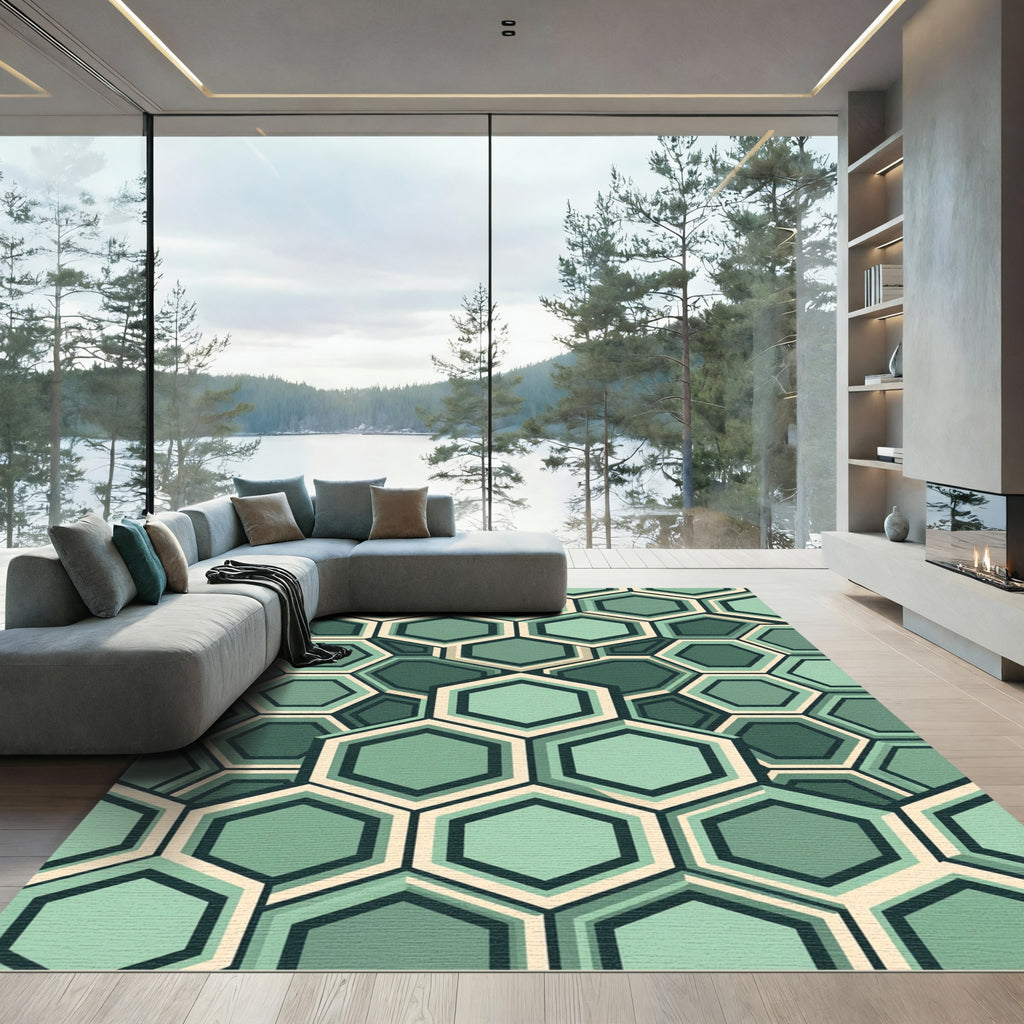 Sophisticated Sage Green Geometric Hexagon Rug