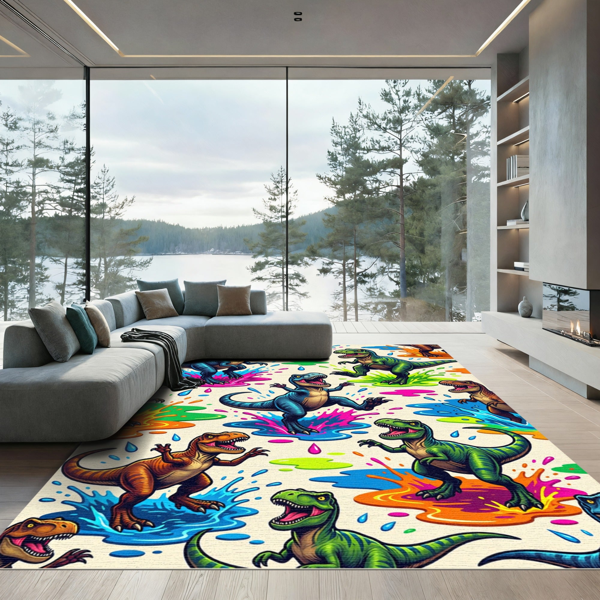 Colorful Dinosaur Splatter Ink Surface Rug