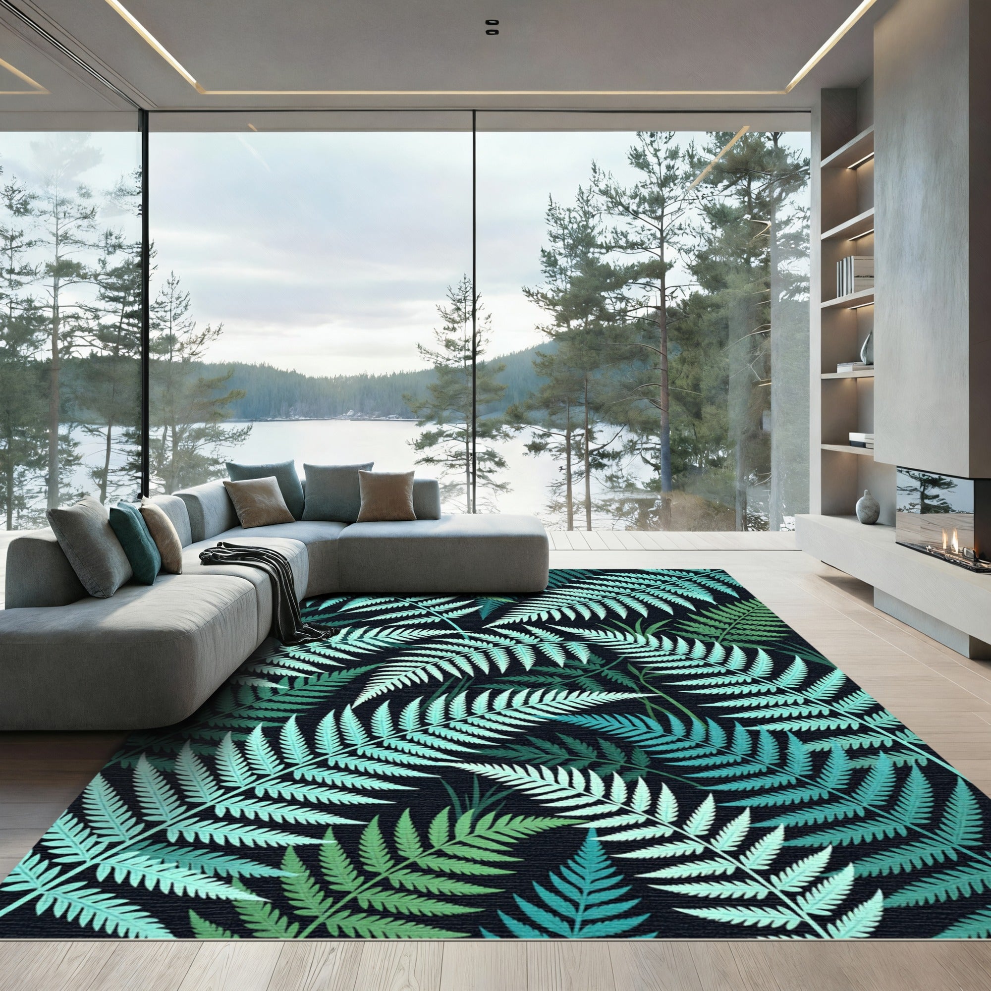 Lush Teal Tropical Fern Botanical Rug