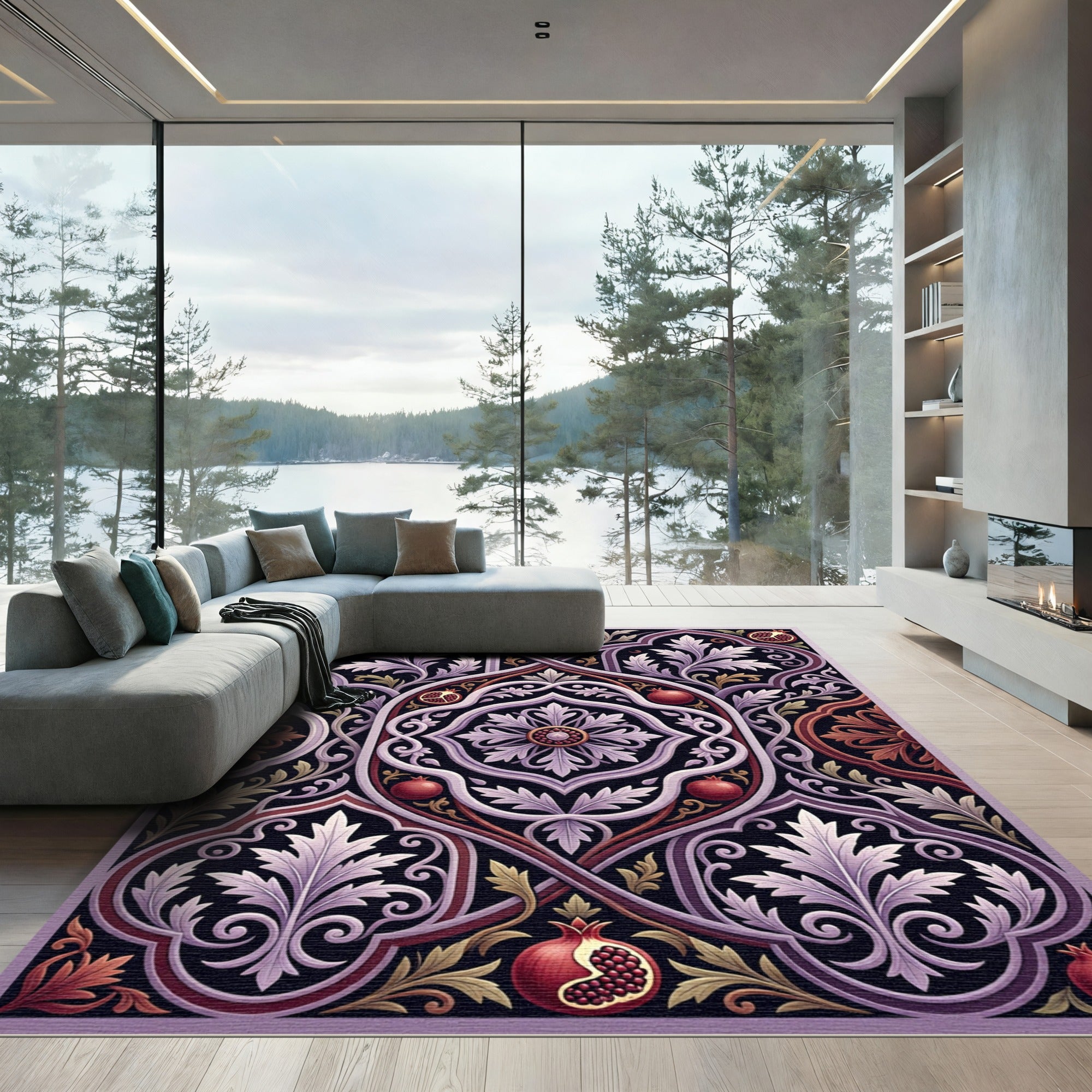 Crimson Pomegranate Floral Scrollwork Rug
