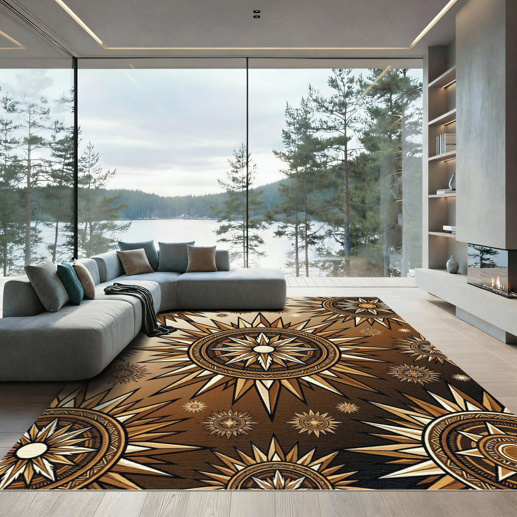 Golden Celestial Sunburst Geometric Medallion Rug