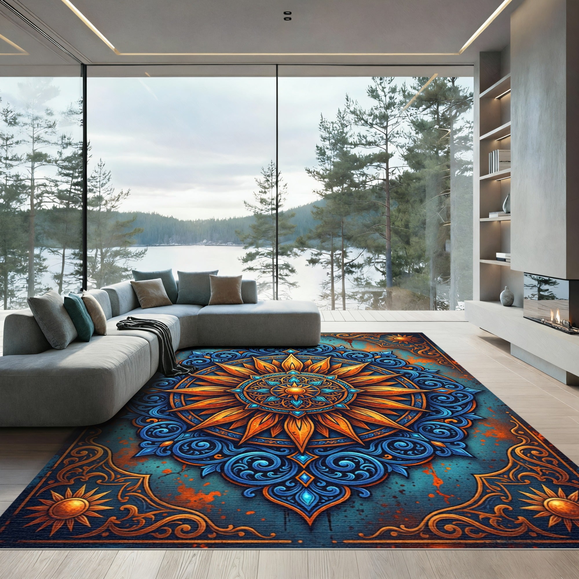 Ornate Golden Sun Blue Floral Mandala Rug