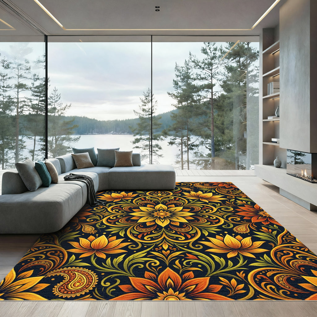 Golden Sunburst Floral Ornate Tapestry Rug