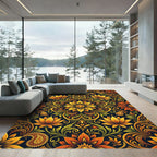 Golden Sunburst Floral Ornate Tapestry Rug