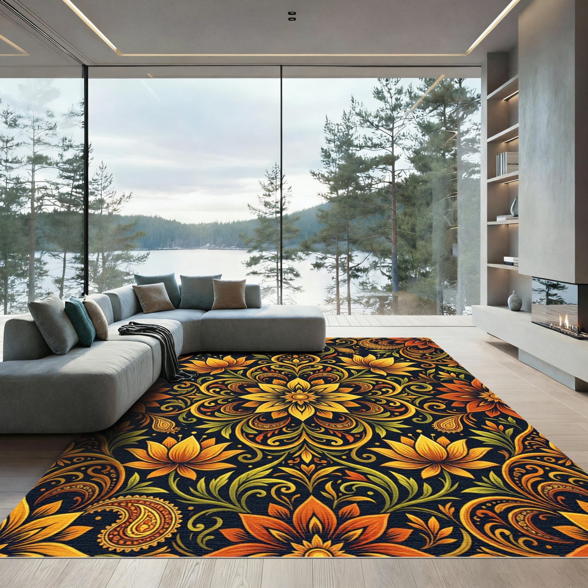 Golden Sunburst Floral Ornate Tapestry Rug