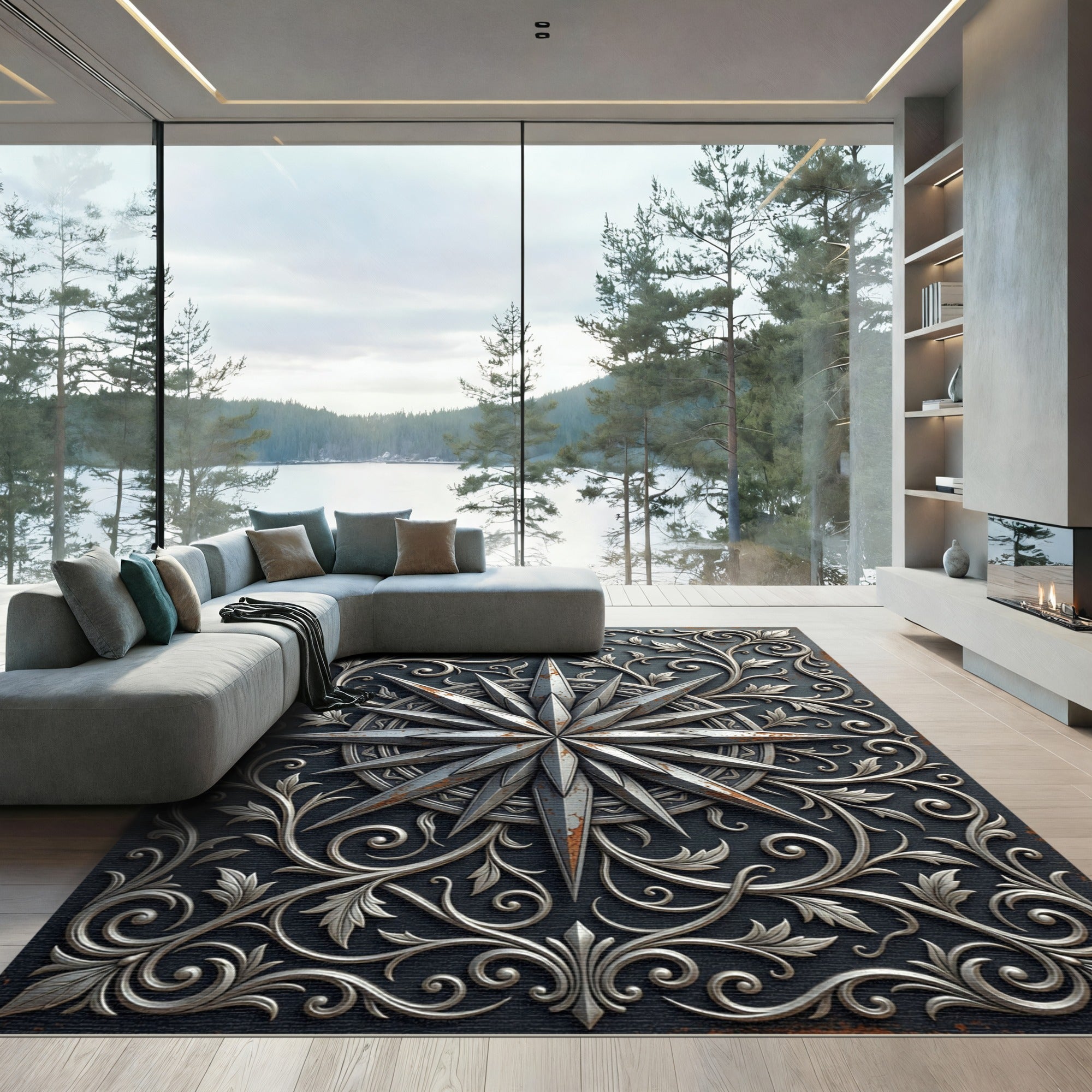 Metallic Silver Compass Star Scrollwork Rug