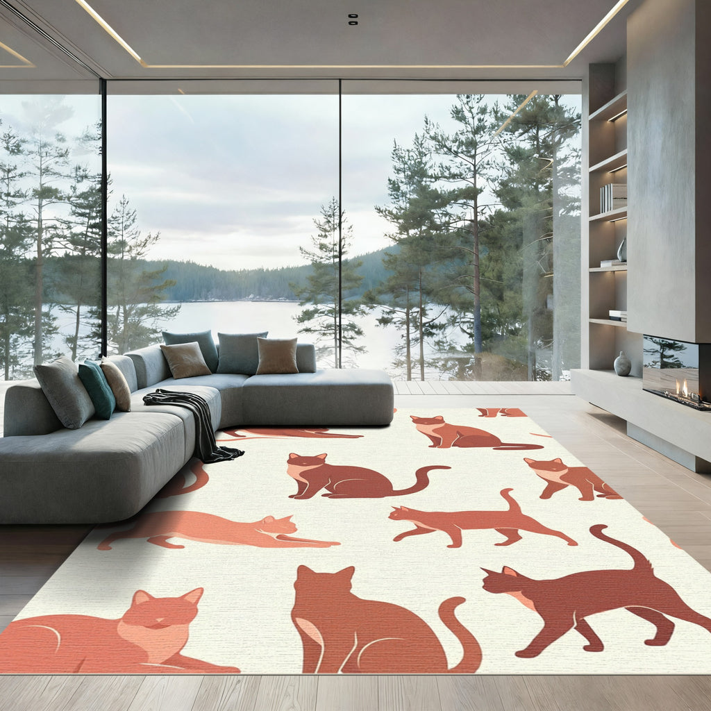 Minimalist Terracotta Cat Illustration Surface Rug