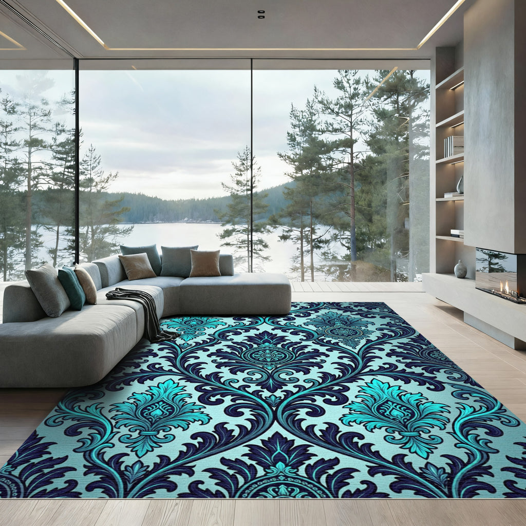 Ornate Cyan and Navy Damask Scroll Rug
