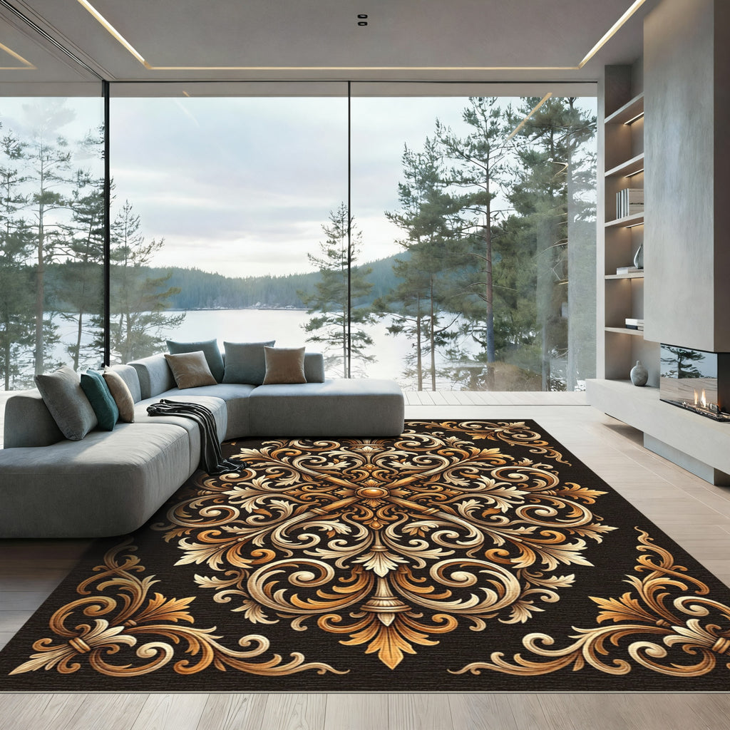 Ornate Gold Baroque Scrolling Filigree Rug