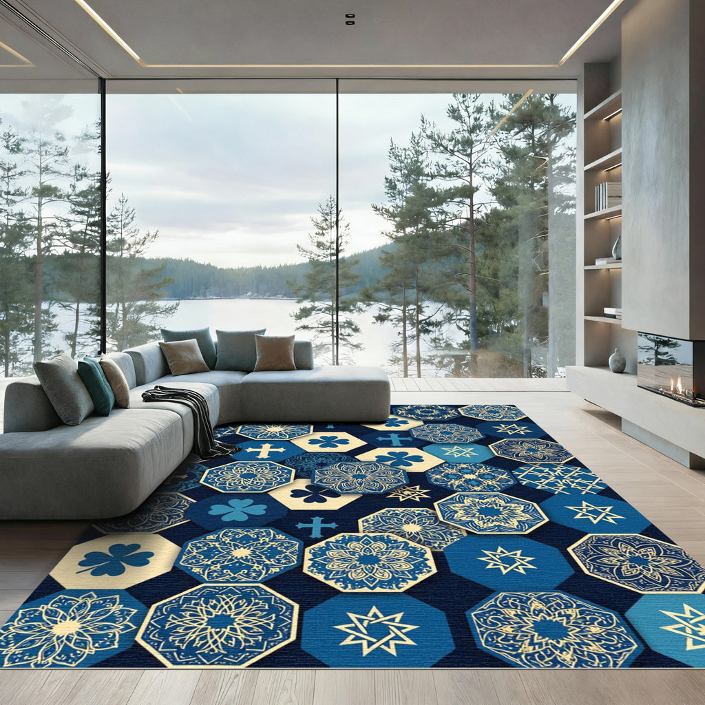 Navy Blue Hexagonal Cultural Medallion Tile Rug