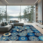 Navy Blue Hexagonal Cultural Medallion Tile Rug