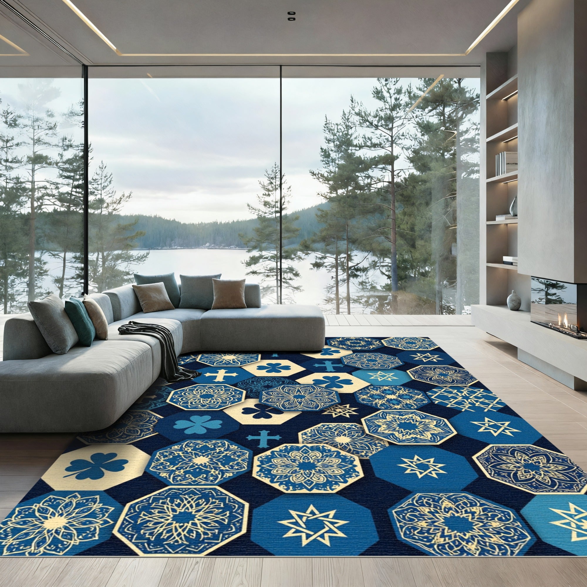 Navy Blue Hexagonal Cultural Medallion Tile Rug