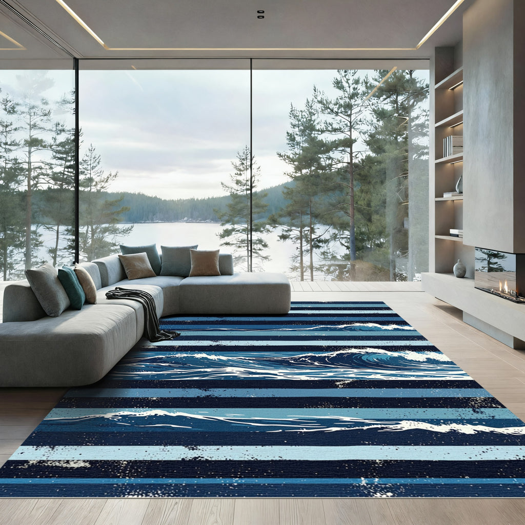 Navy Blue Striped Ocean Wave Art Rug