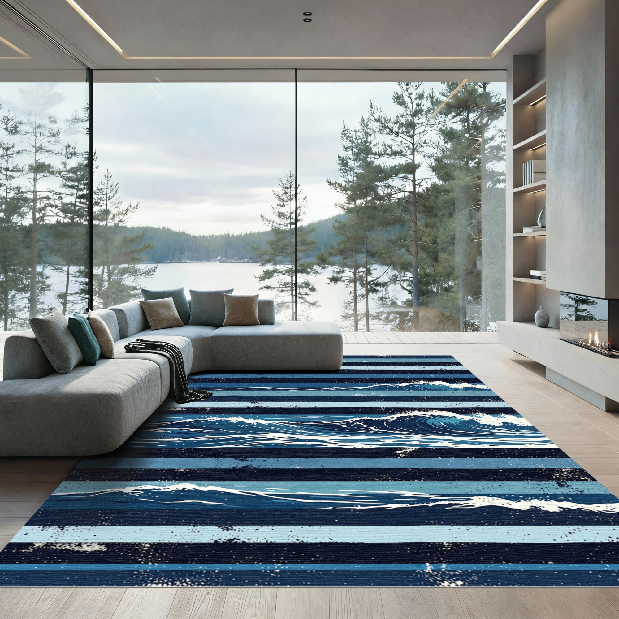 Navy Blue Striped Ocean Wave Art Rug