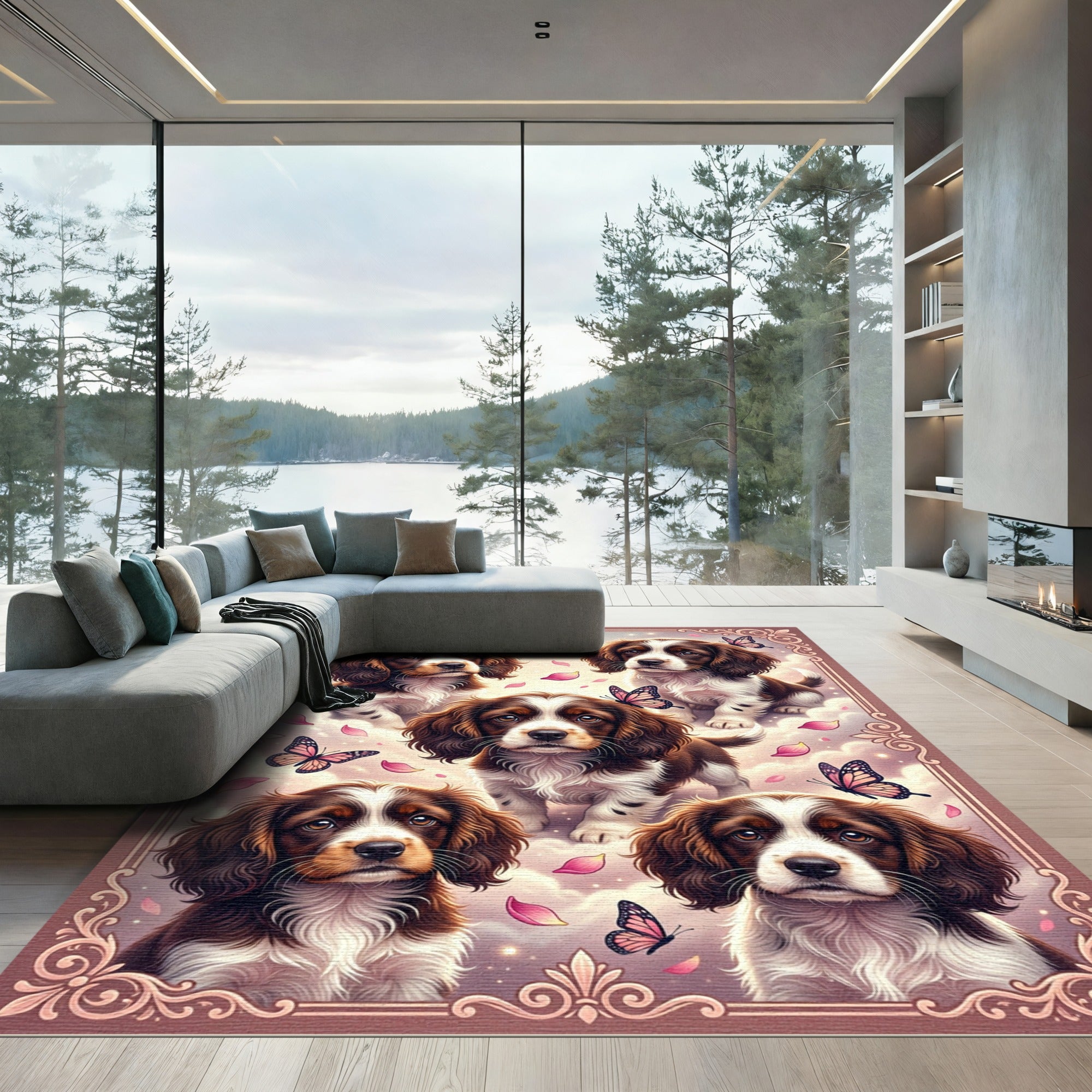 Whimsical Brown Puppy and Butterfly Garden Rug