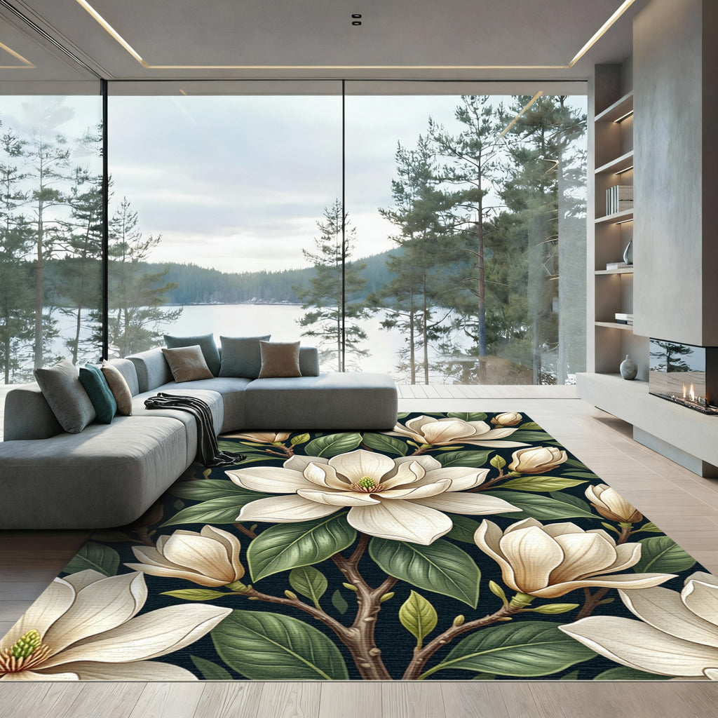 Elegant Cream Magnolia Bloom Botanical Rug