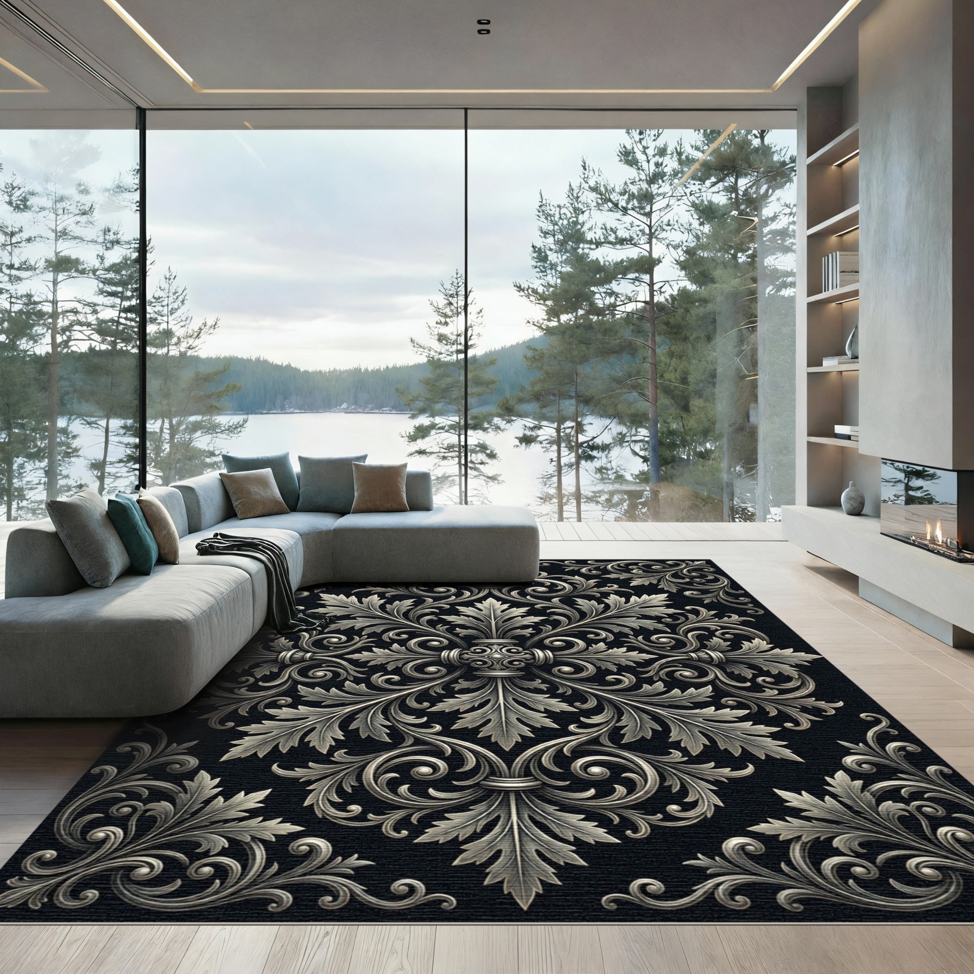 Ornate Silver Acanthus Leaf Scroll Rug