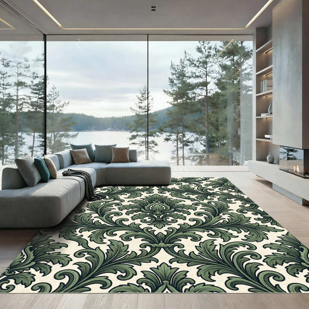 Elegant Sage Green Damask Scroll Rug