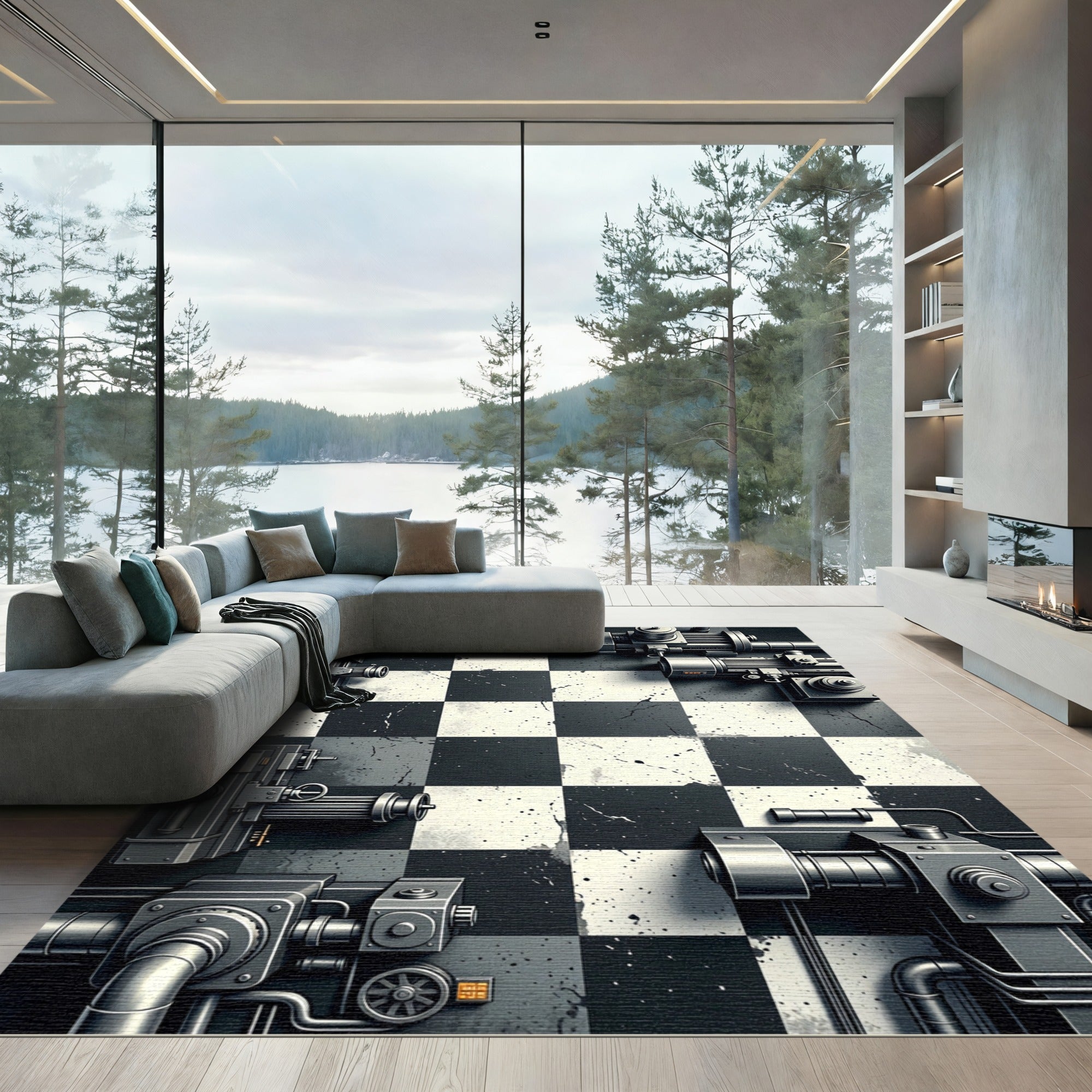 Industrial Gray Checkerboard Machine Rug