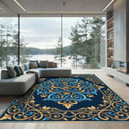 Ornate Blue and Gold Paw Scroll Rug