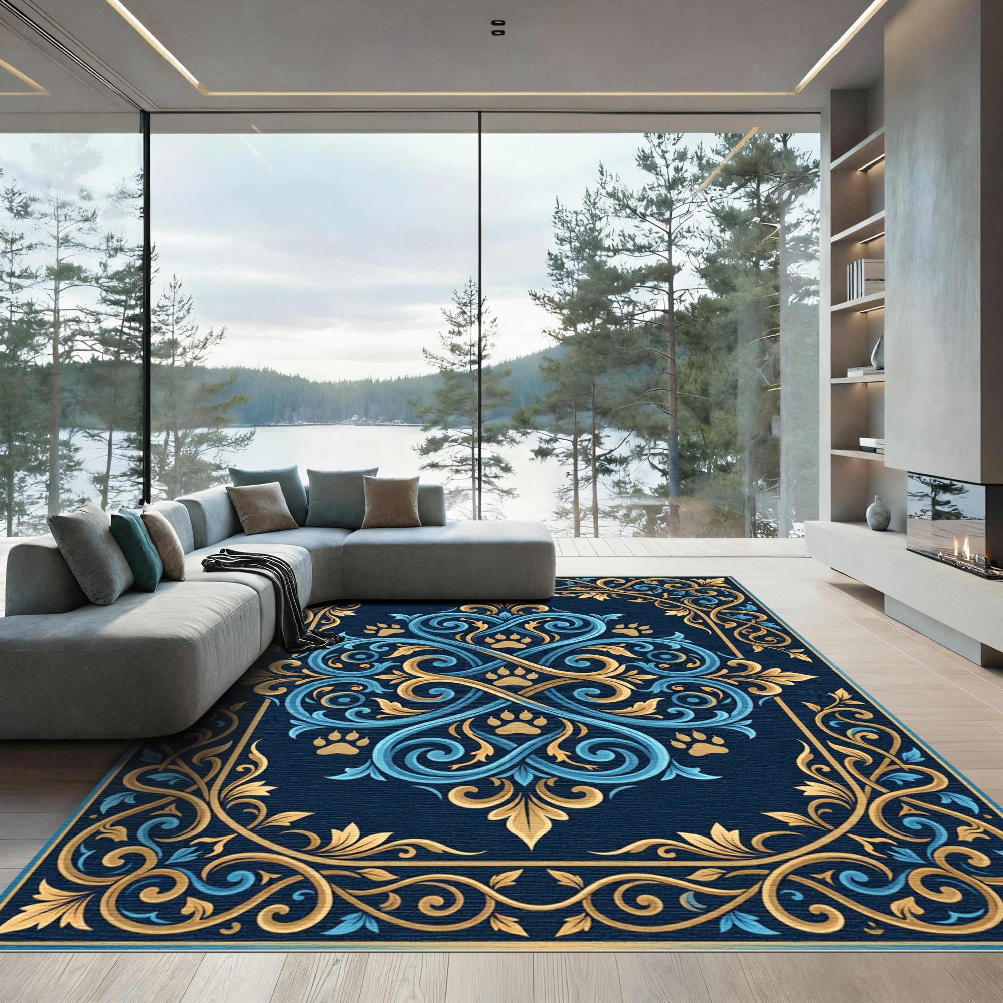Ornate Blue and Gold Paw Scroll Rug