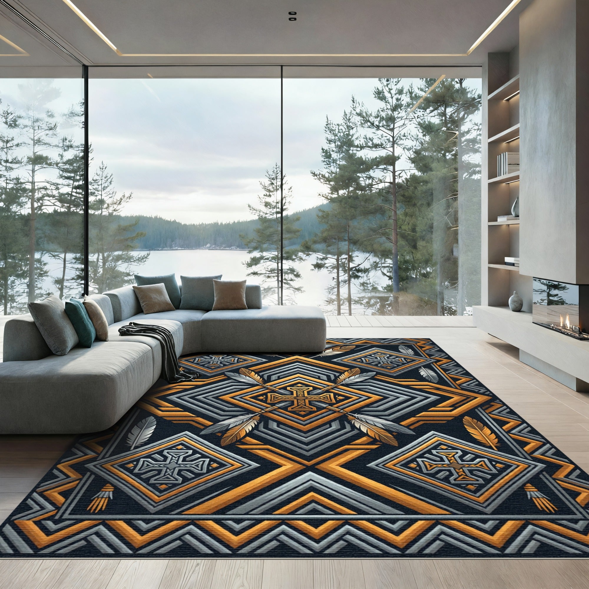 Geometric Gold and Slate Cross Rug