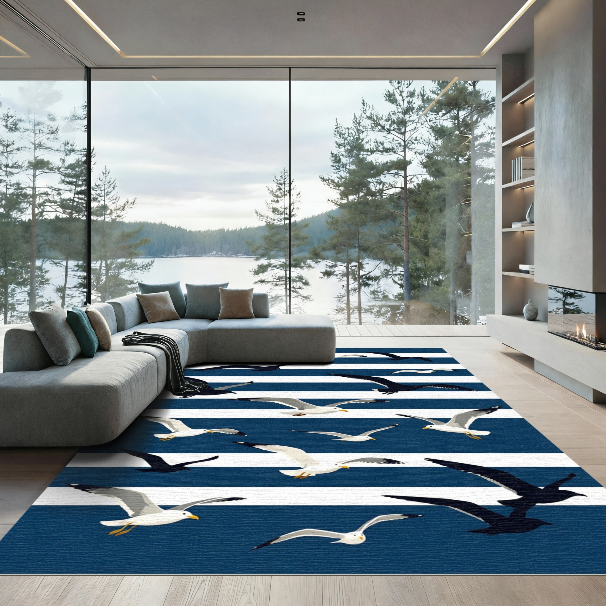 Navy Coastal Seagull Stripe Illustration Rug