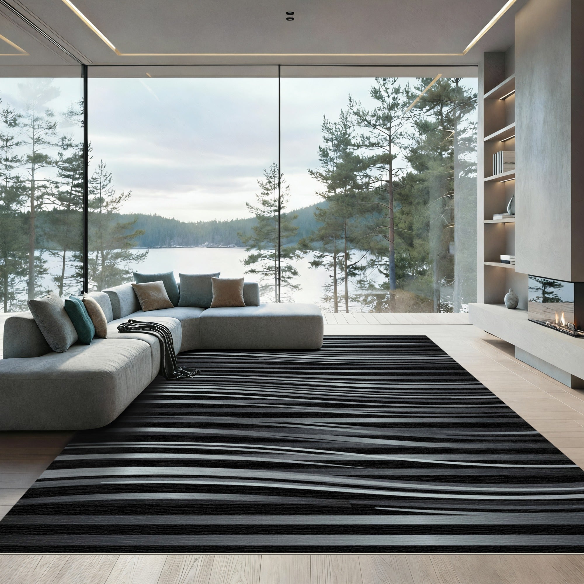 Modern Silver Wavy Linear Monochromatic Rug