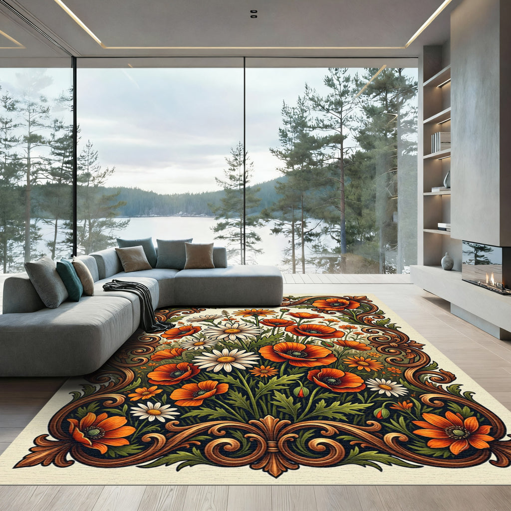 Ornate Poppy and Daisy Meadow Scroll Rug