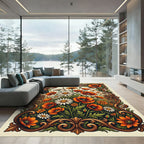 Ornate Poppy and Daisy Meadow Scroll Rug