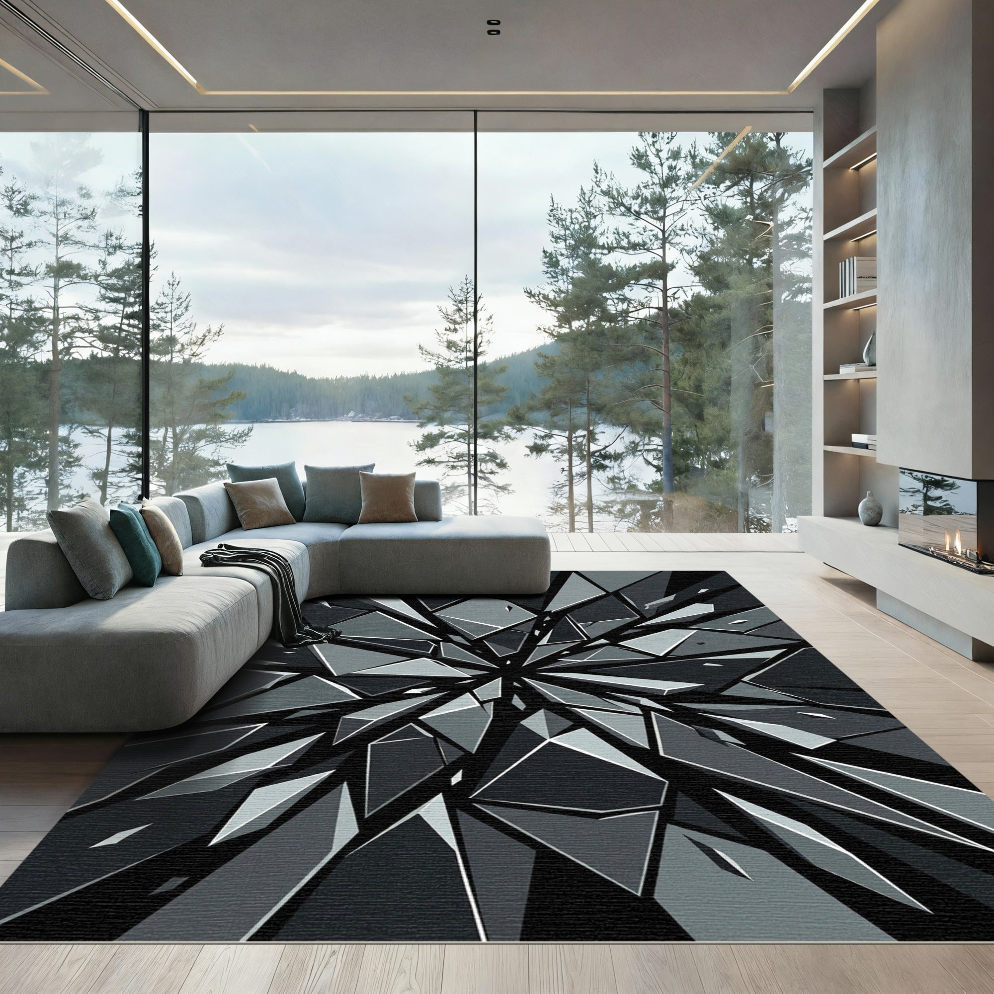 Dark Shattered Glass Geometric Explosion Rug