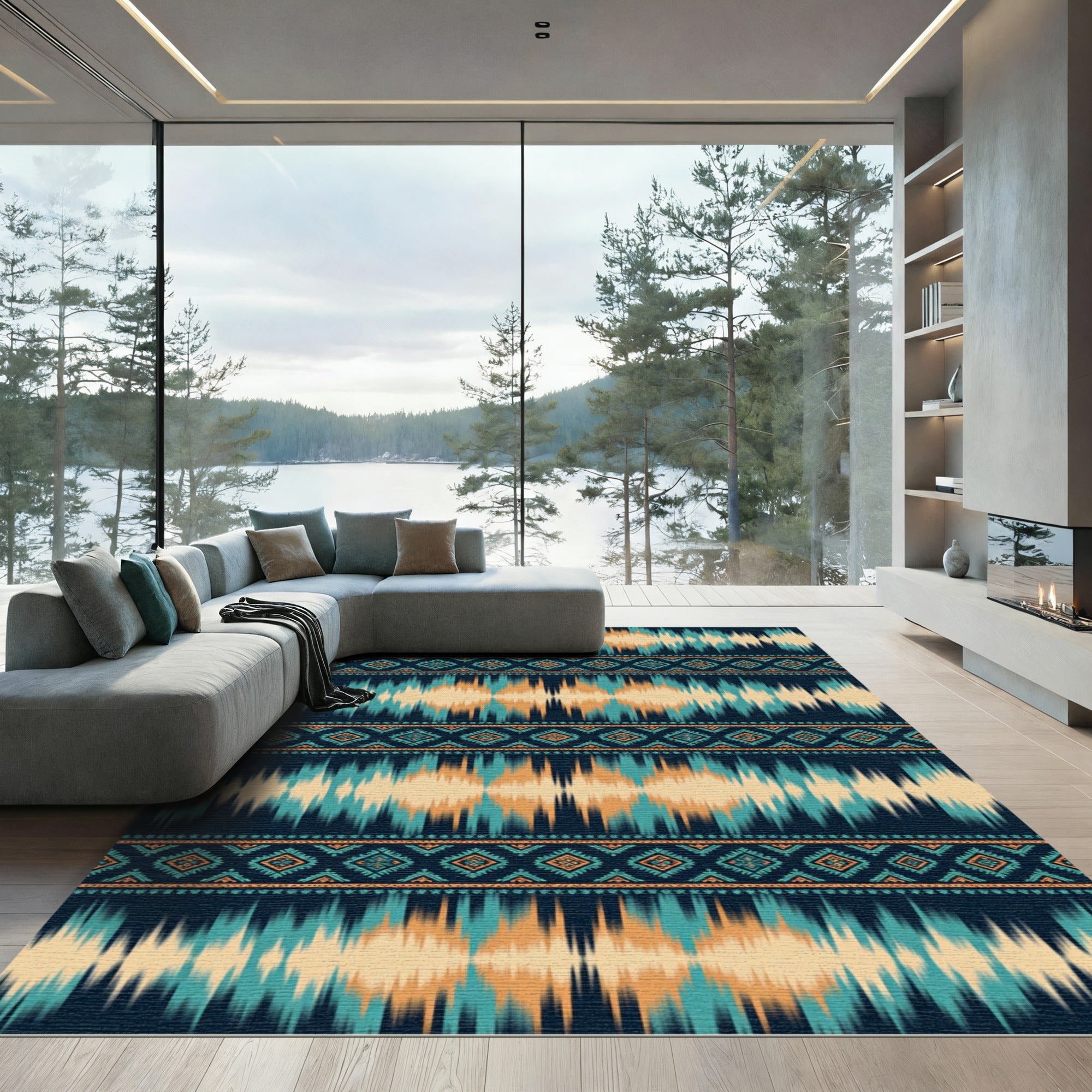 Navajo Teal Orange Geometric Stripes Rug