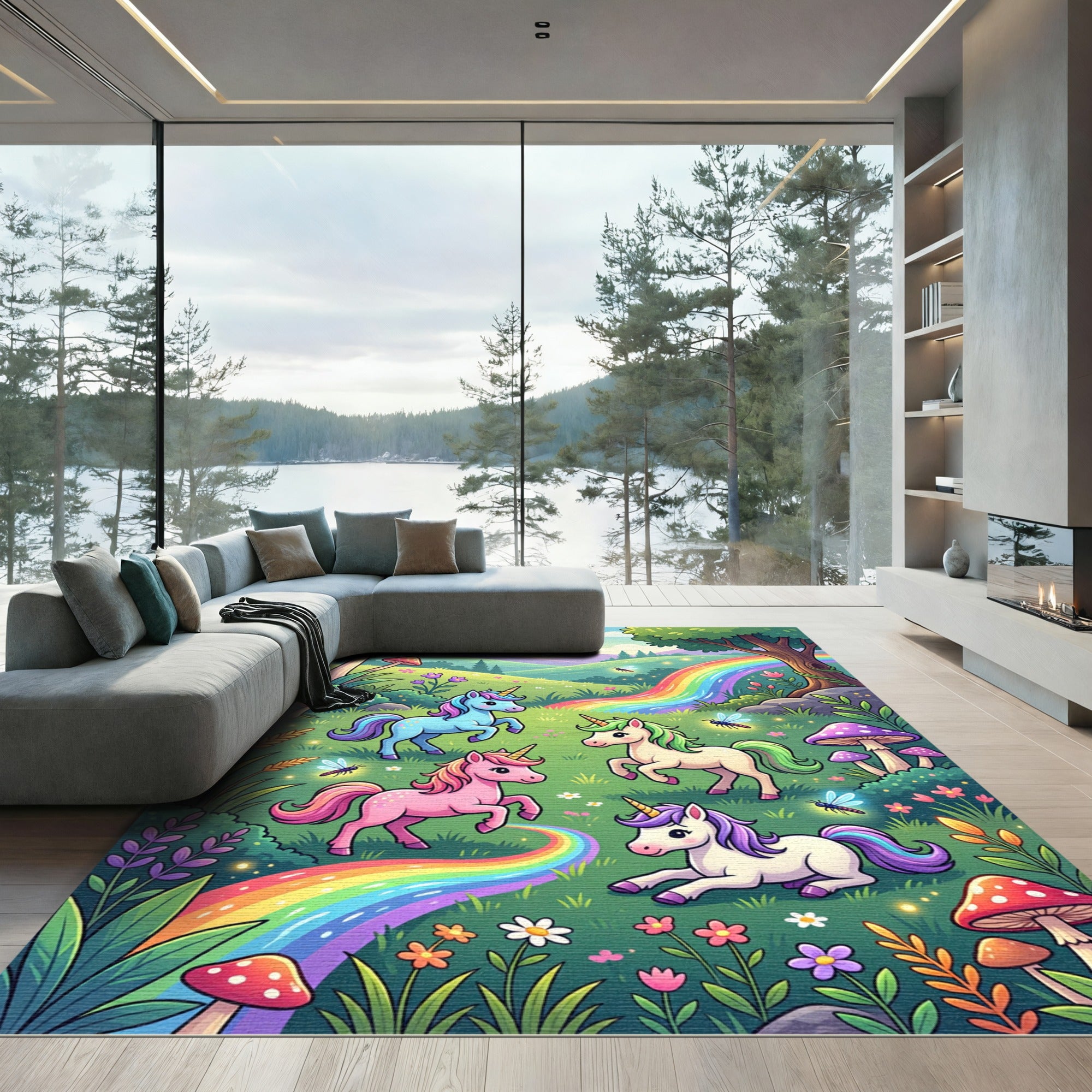 Whimsical Pastel Unicorn Rainbow Meadow Rug